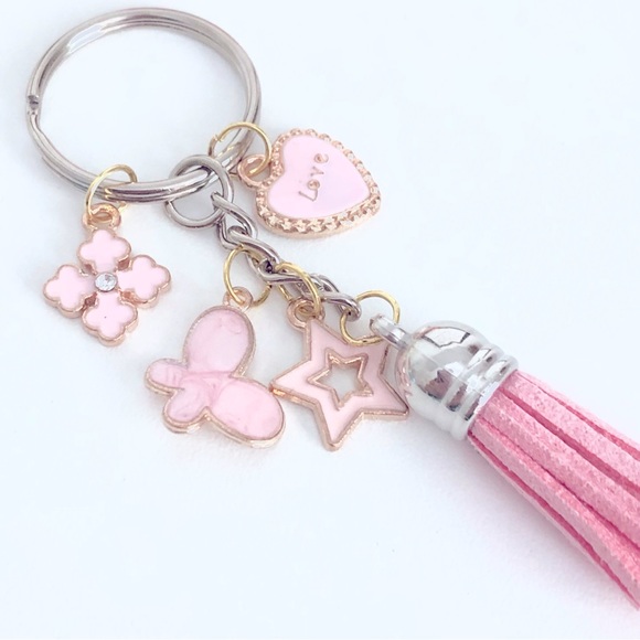 Hand Crafted Accessories - New Enamel Charm Dangling Keychain Tassel Pastel Rose Heart Butterfly Star Gifts